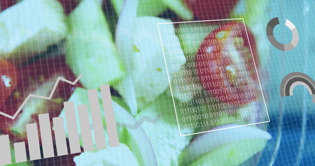 Showing chopped leafy greens, tomato slices on grid overlay, with charts, binary code panel, gauges