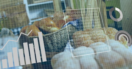 Showing wicker basket holding assorted bread rolls on bakery counter, with digital overlay © vectorfusionart