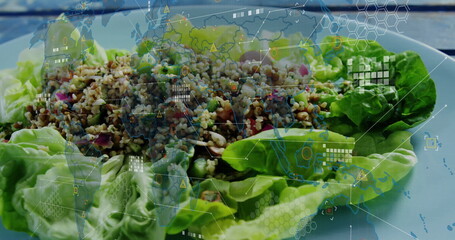 Showing butter lettuce wraps cradling seed-and-grain salad on white ceramic plate, digital overlays