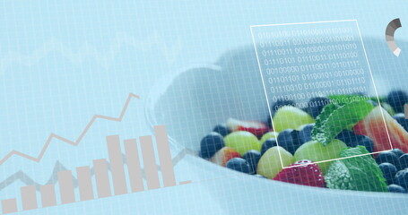 Presenting white bowl with berries grapes and mint on mockup surface, digital overlays, copy space