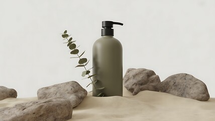 Minimalist aesthetic of a grey pump bottle surrounded by natural stones and a sprig of eucalyptus