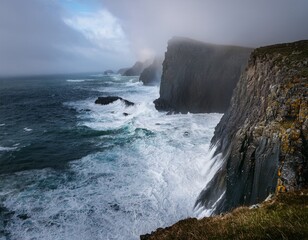 coastal majesty a dramatic seascape unfolds where the imposing cliffs meet the churning ocean shrouded in a misty atmosphere creating a scene of sublime beauty and raw power