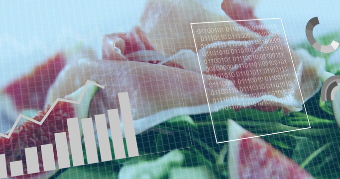 Fototapeta Blending watermelon slices over digital grid montage with bar line chart, binary code, gauges