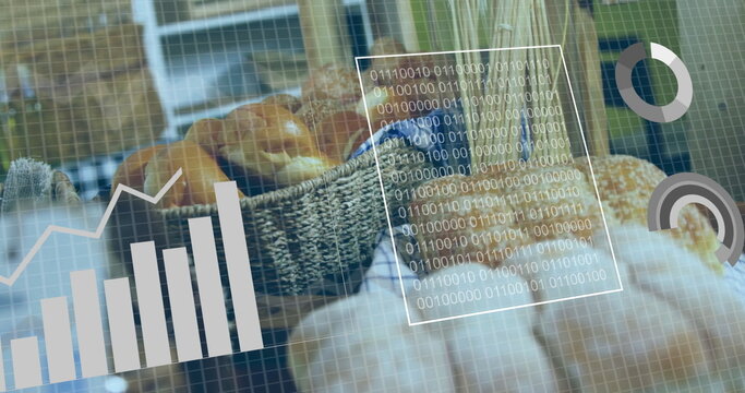 Showing wicker basket holding assorted bread rolls on bakery counter, with digital overlay
