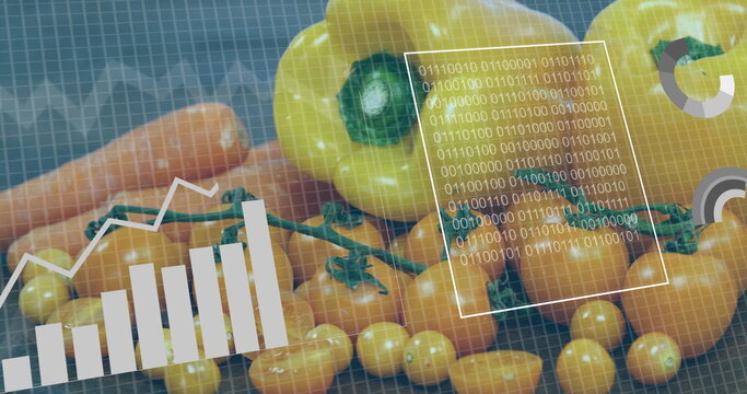 Displaying yellow bell pepper and tomatoes in studio, with grid overlay binary code chart and graph - Powered by Adobe