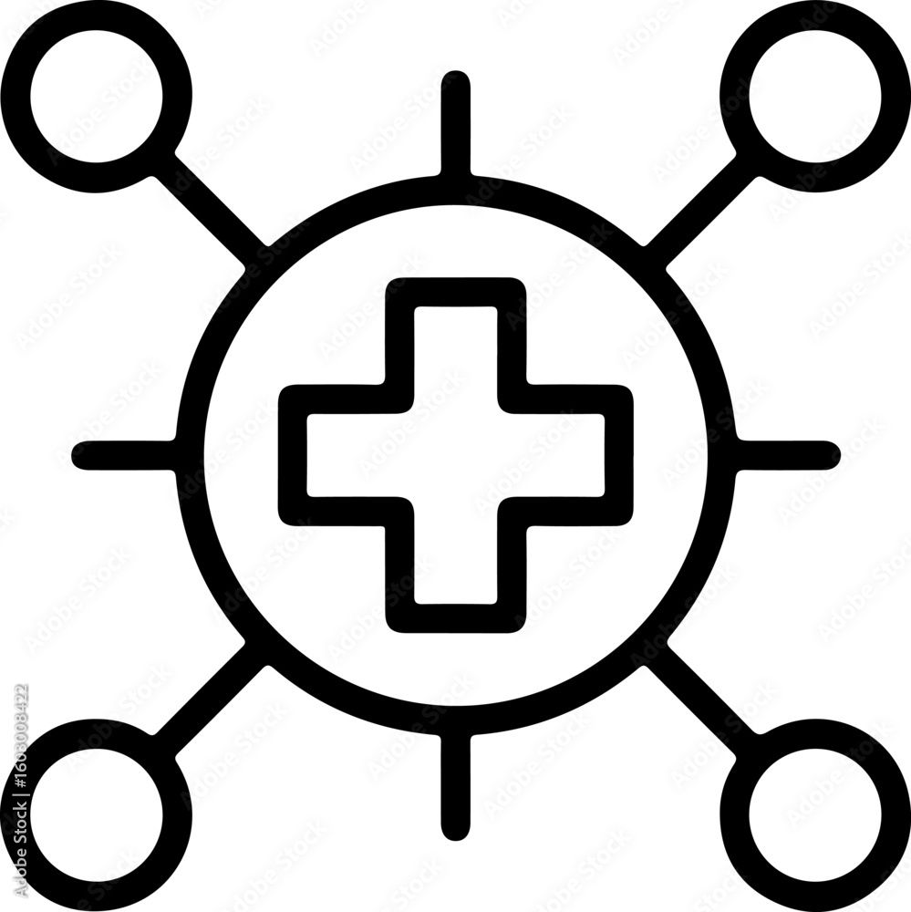 Poster healthcare network icon with a central plus sign and connected nodes