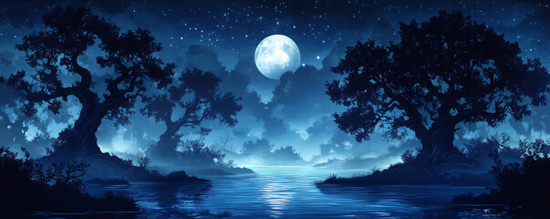 Mysterious enchanting landscape, river illuminated by moonlight on full moon. Mysterious trees grow along foggy riverbank, mystical atmosphere. Background banner for Halloween or enigmatic themes