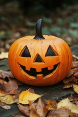 Carved pumpkin Jack O Lantern with laughing grinning scary face on rustic wooden surface with yellow dry autumn leaves. Mysterious Halloween. Vertical banner, poster or background with copy space
