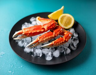 fresh and juicy crab claws on black plate with ice and lemon slices against turquoise background