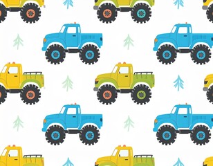 Pattern of colorful cartoon trucks in blue and yellow with off-road tires, arranged on a white background with simple tree illustrations.