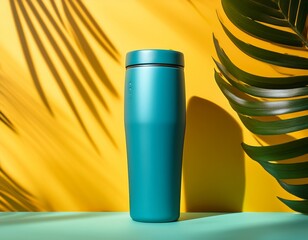 teal insulated tumbler against a yellow background with tropical foliage shadows