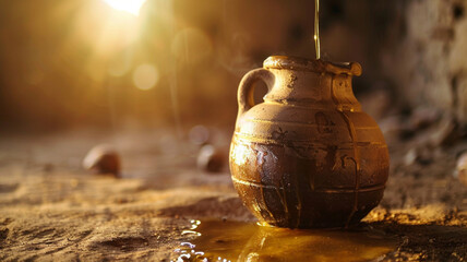 Close-up of Old Clay Jar with Dripping Oil, Symbolic Lighting, Rustic Texture
