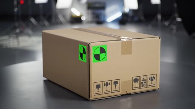 Cardboard box with tracking markers in a professional photo studio setting for mockups