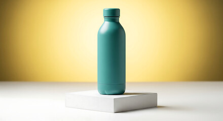 A matte teal water bottle is presented on a white cube against a bright yellow background in a clean studio environment