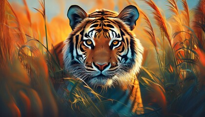 a tiger hidden in tall grass ready to pounce