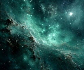the image depicts a space scene, showcasing a nebula with celestial bodies and cosmic dust