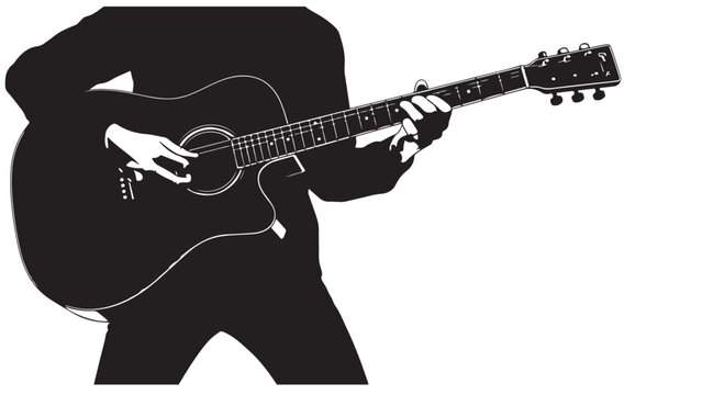 Silhouette of a person playing acoustic guitar in black and white, vector illustration