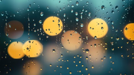 Fototapeta premium Raindrops cling to a windowpane with blurred city lights glowing warmly in the background during a rainy evening.