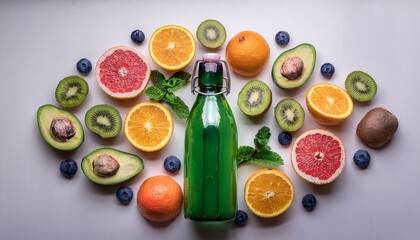 a green glass bottle with a cork lid surrounded by assorted fruits oranges grapefruit kiwi blueberries mint and avocado