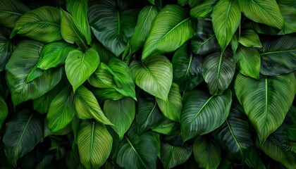 lush green leaves of various shapes and sizes densely packed creating a vibrant and healthy foliage background