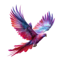 Obraz premium Vibrant, multicolored bird in flight. A stylized parrot-like creature soars, wings outstretched, displaying a spectrum of vibrant pinks, purples, and blues. Detailed feather patterns