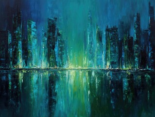 Night city skyline reflected in teal water