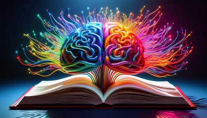 abstract representation of a brain made of colorful wires emerging from an open book symbolizing knowledge creativity and the interconnection of technology and learning