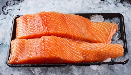fresh and tasty salmon fillets neatly arranged in ice for culinary use and healthy meal preparation