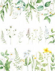 Wild field herbs flowers. Watercolor floral collection set - bouquets, borders, frames. Illustration green leaves, branches.. Wedding stationery, wallpapers, fashion, backgrounds. watercolor, leaf, bo