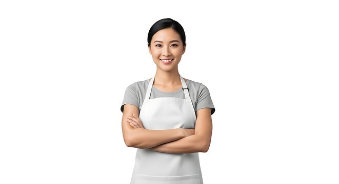 Smiling Asian Woman Wearing Apron with Arms Crossed Isolated