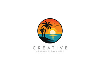 Holiday vacation beach stamp logo Vector, Sunset logotype template design