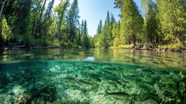 Crystal-clear river, fish, forest
