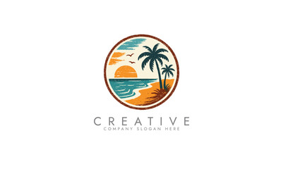 Holiday vacation beach stamp logo Vector, Sunset logotype template design