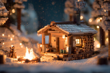 Cozy Wooden Cabin Retreat on a Snowy Night with Warm Campfire Glow