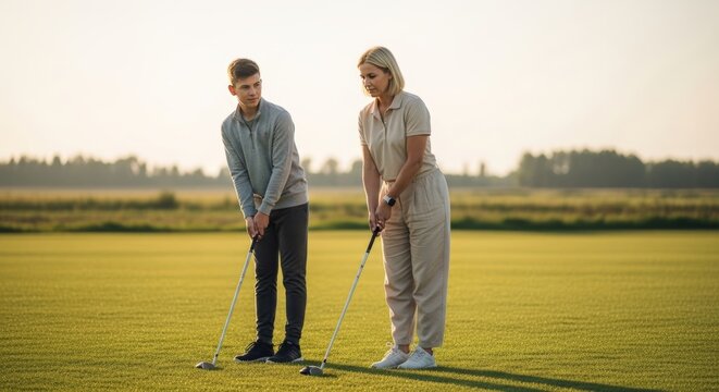 White teenage boy in soft gray sportswear standing beside his female coach in beige polo and loose pants. Both holding clubs in front of them, repeating the same starting stance. Golf learning - Powered by Adobe