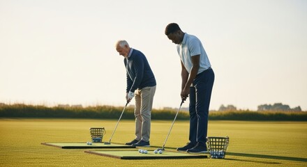An older white man and his younger Black coach standing side by side, each holding club. Practicing short chips toward target mat on the grass, both focused and slightly bent forward. Golf learning