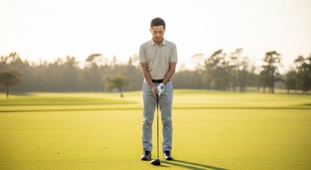 Asian man in a beige polo shirt and light chinos standing still, gently gripping a golf club, looking down with focus. Golf learning
