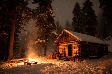 Cozy Wooden Cabin Retreat on a Snowy Night with Warm Campfire Glow