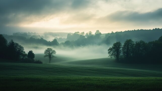 Misty morning over a lush green valley with scattered trees and distant hills under a cloudy sky.