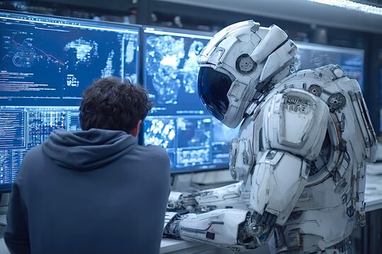 Astronaut and software developer working together analyzing data on computer screens