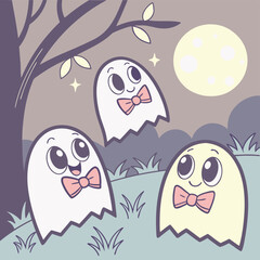 Obraz premium Cute Cartoon Friendly Ghosts with Bow Ties Under a Full Moon