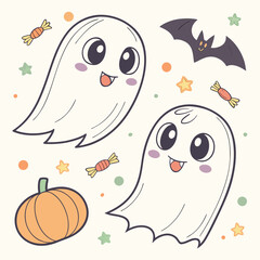 Obraz premium Cute Cartoon Happy Ghosts with Halloween Candy Bat and Pumpkin