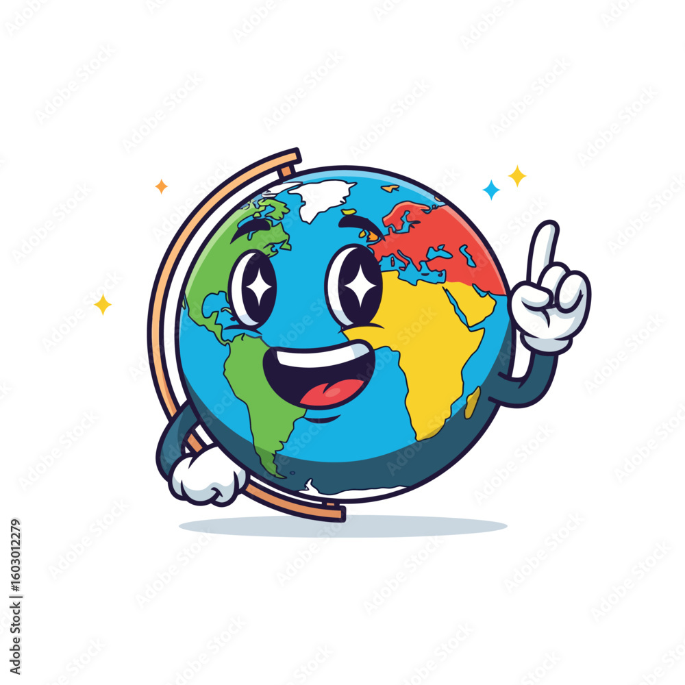 Poster cartoon globe character with a smiling face and an idea pointing upwards on a white background