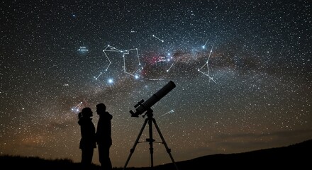 Stargazing Romance Silhouetted Couple with Telescope Under a Dazzling Starry Sky.