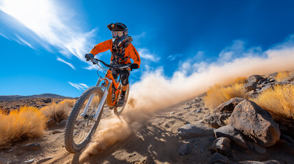 Mountain biker in orange gear rides through dusty terrain, kicking up clouds of dust against a backdrop of blue sky and rugged landscape, showcasing thrilling outdoor adventure