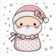Cute cartoon Santa Claus character holding a red shopping bag, surrounded by snowflakes, on a light blue background, embodying festive holiday spirit and joy