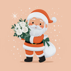 Cute cartoon Santa Claus character holding a red shopping bag, surrounded by snowflakes, on a light blue background, embodying festive holiday spirit and joy