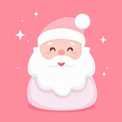 Cute cartoon Santa Claus character holding a red shopping bag, surrounded by snowflakes, on a light blue background, embodying festive holiday spirit and joy