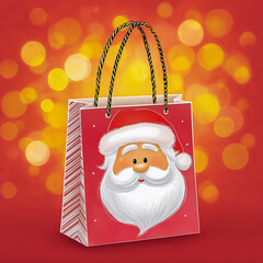 Cute cartoon Santa Claus character holding a red shopping bag, surrounded by snowflakes, on a light blue background, embodying festive holiday spirit and joy