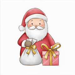 Cute cartoon Santa Claus character holding a red shopping bag, surrounded by snowflakes, on a light blue background, embodying festive holiday spirit and joy